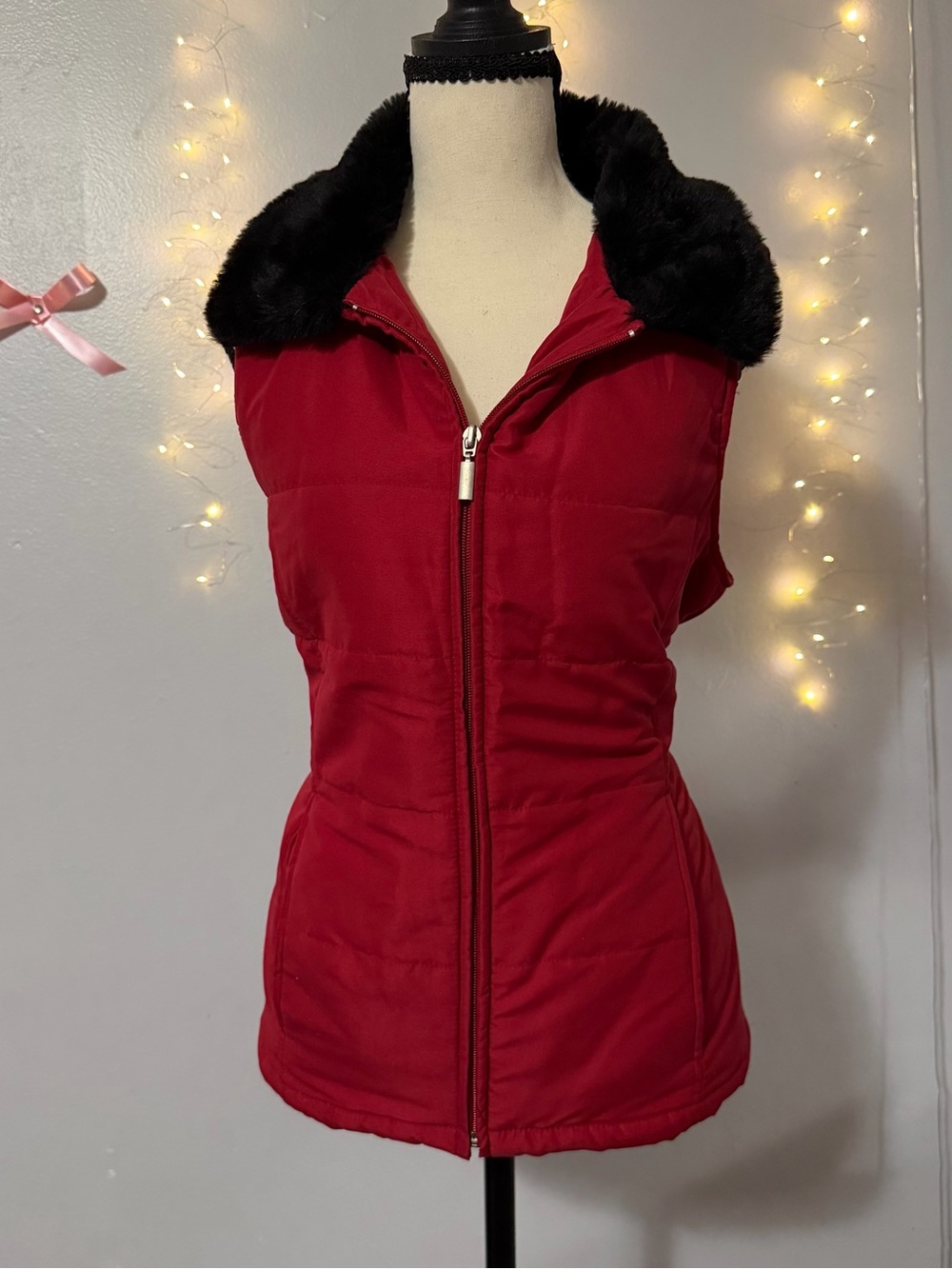 Jane Ashley Red Quilted Vest with Black Faux Fur Collar